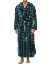 Men's Hunter Green Plaid Plush Fleece Hooded Bathrobe, Full Length Long Warm Lounge Robe with Hood