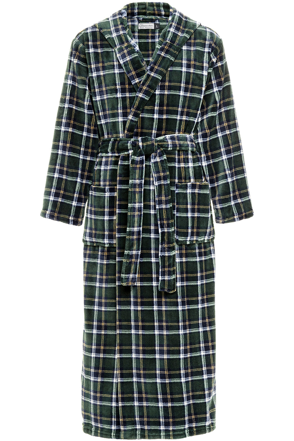 Men's Hunter Green Plaid Plush Fleece Hooded Bathrobe, Full Length Long Warm Lounge Robe with Hood