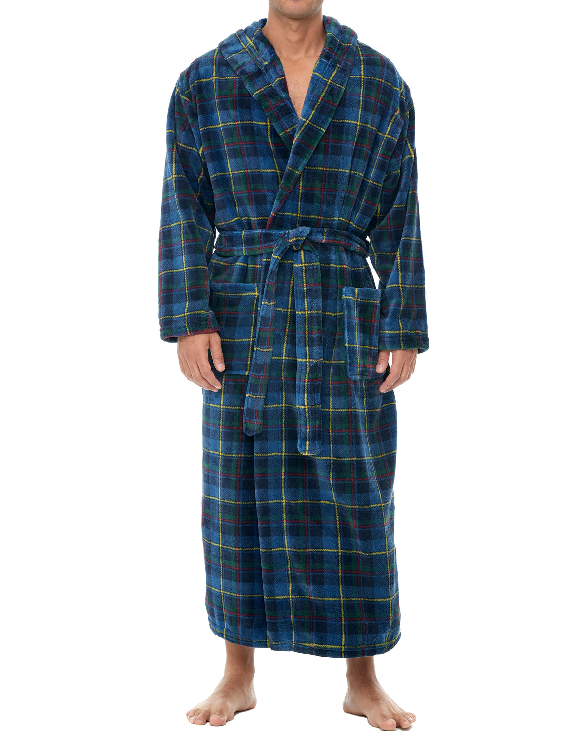 Men's Highland Tartan Plaid Plush Fleece Hooded Bathrobe, Full Length Long Warm Lounge Robe with Hood