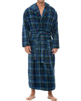 Men's Highland Tartan Plaid Plush Fleece Hooded Bathrobe, Full Length Long Warm Lounge Robe with Hood