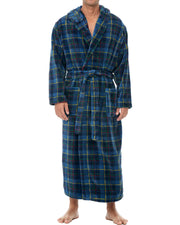 Men's Highland Tartan Plaid Plush Fleece Hooded Bathrobe, Full Length Long Warm Lounge Robe with Hood