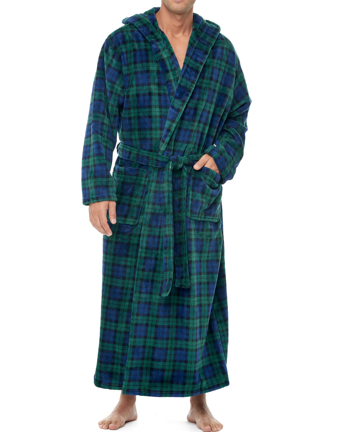 Men's Black Watch Tartan Plaid Plush Fleece Hooded Bathrobe, Full Length Long Warm Lounge Robe with Hood