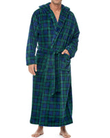 Men's Black Watch Tartan Plaid Plush Fleece Hooded Bathrobe, Full Length Long Warm Lounge Robe with Hood