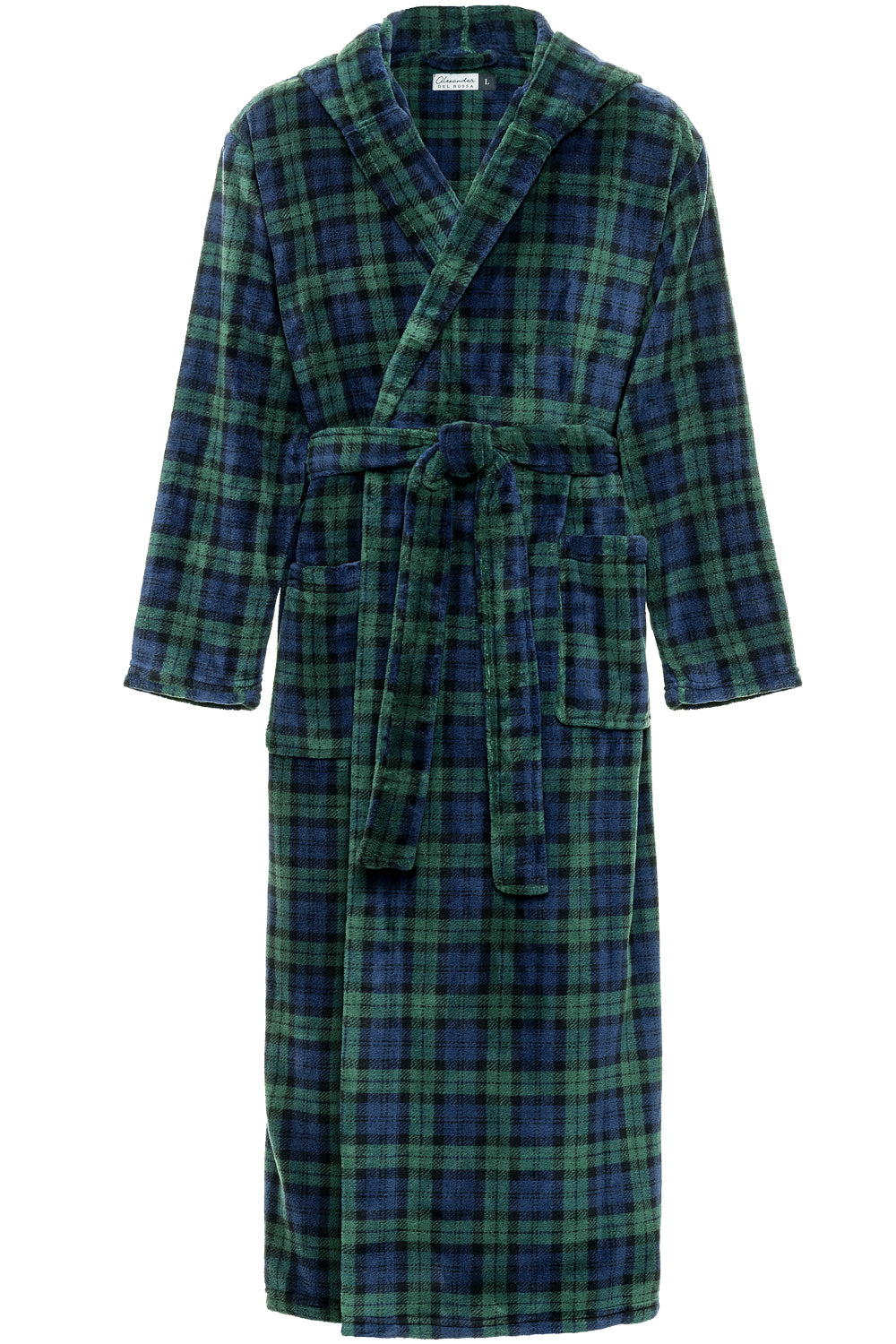 Men's Black Watch Tartan Plaid Plush Fleece Hooded Bathrobe, Full Length Long Warm Lounge Robe with Hood
