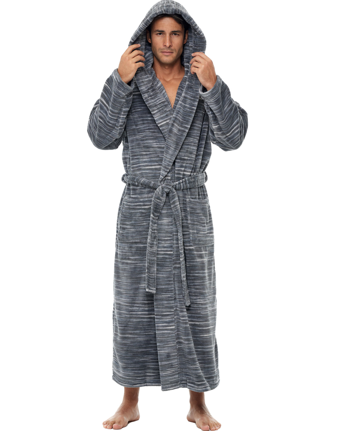 Men's Dark Heathered Gray Plush Fleece Hooded Bathrobe, Full Length Long Warm Lounge Robe with Hood