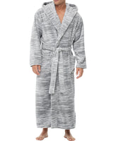 Men's Light Heathered Gray Plush Fleece Hooded Bathrobe, Full Length Long Warm Lounge Robe with Hood