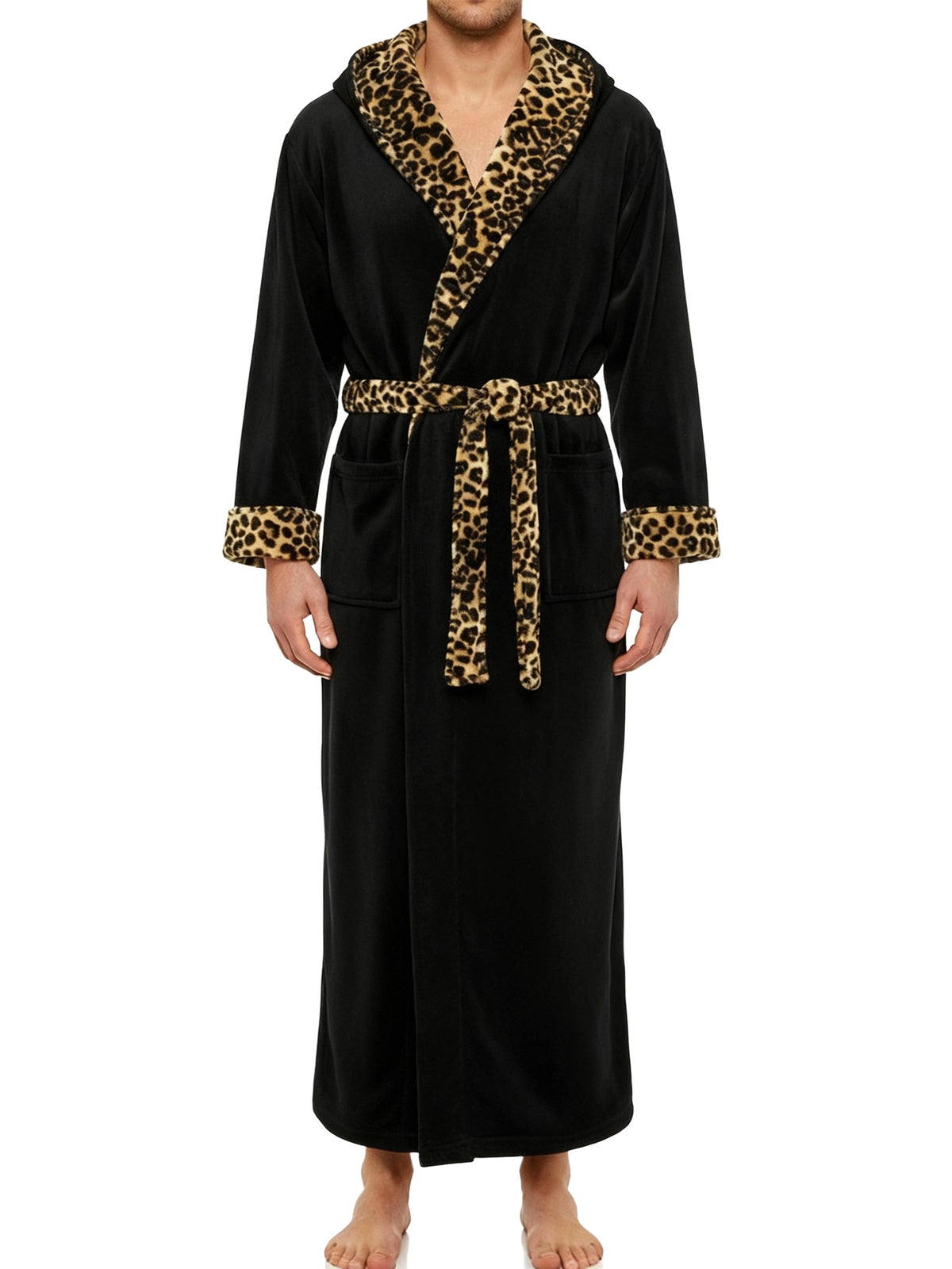 Men's Black with Leopard Print Plush Fleece Hooded Bathrobe, Full Length Long Warm Lounge Robe with Hood