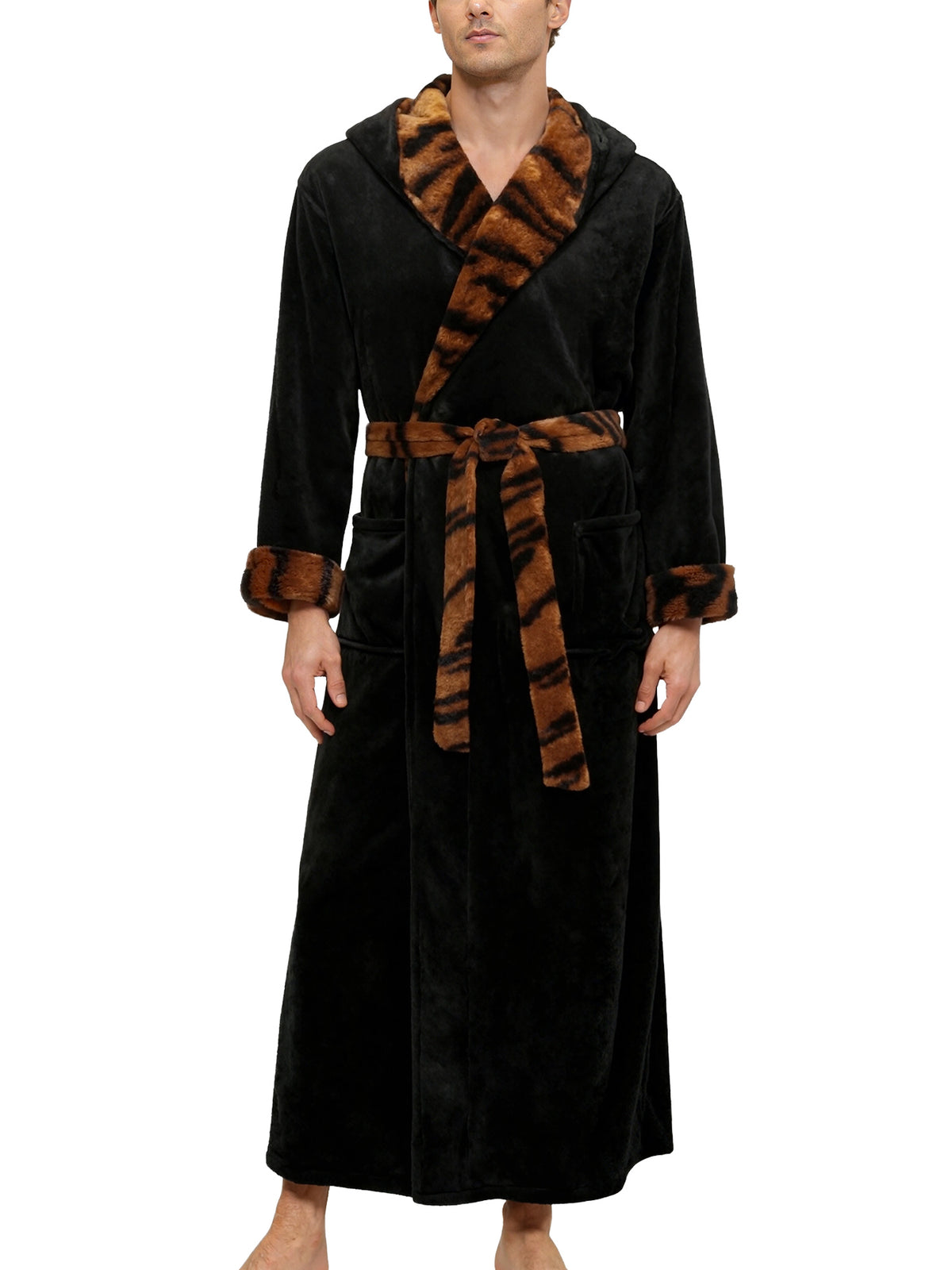 Men's Black with Tiger Print Plush Fleece Hooded Bathrobe, Full Length Long Warm Lounge Robe with Hood