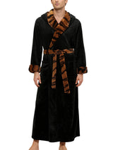Men's Black with Tiger Print Plush Fleece Hooded Bathrobe, Full Length Long Warm Lounge Robe with Hood