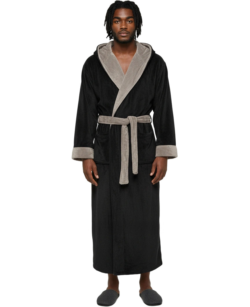 Men's Black and Tan Plush Fleece Hooded Bathrobe, Full Length Long Warm Lounge Robe with Hood