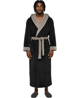 Men's Black and Tan Plush Fleece Hooded Bathrobe, Full Length Long Warm Lounge Robe with Hood