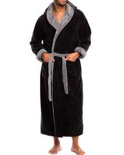 Men's Black with Gray Contrast Plush Fleece Hooded Bathrobe, Full Length Long Warm Lounge Robe with Hood
