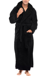 Men's Black Plush Fleece Hooded Bathrobe, Full Length Long Warm Lounge Robe with Hood
