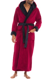 Men's Burgundy with Black Plush Fleece Hooded Bathrobe, Full Length Long Warm Lounge Robe with Hood