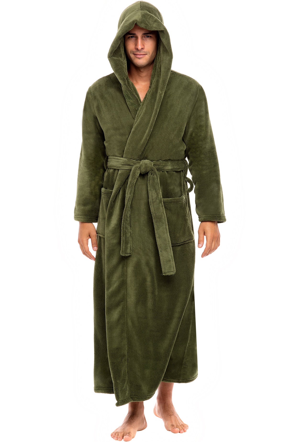 Men's Army Green Plush Fleece Hooded Bathrobe, Full Length Long Warm Lounge Robe with Hood