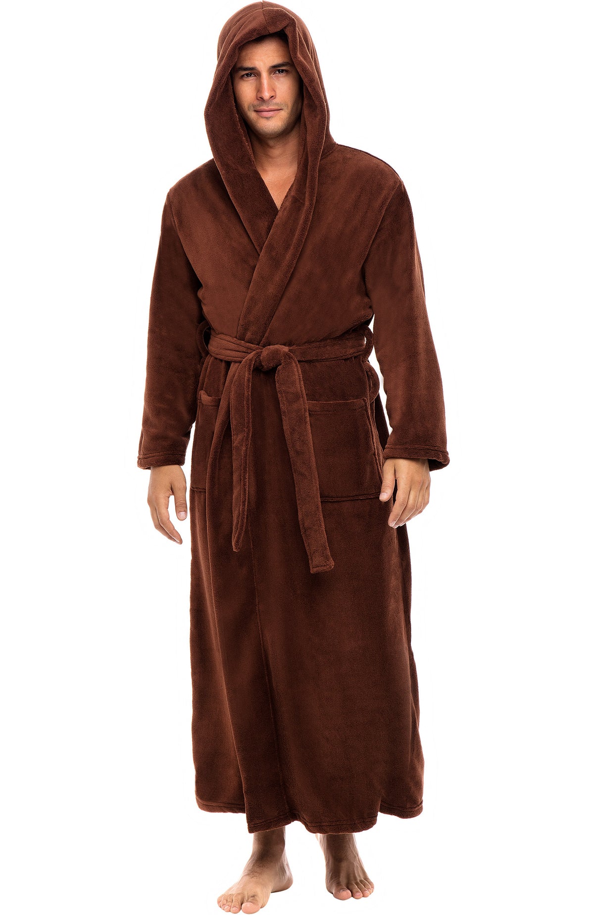 Men's Chocolate Plush Fleece Hooded Bathrobe, Full Length Long Warm Lounge Robe with Hood