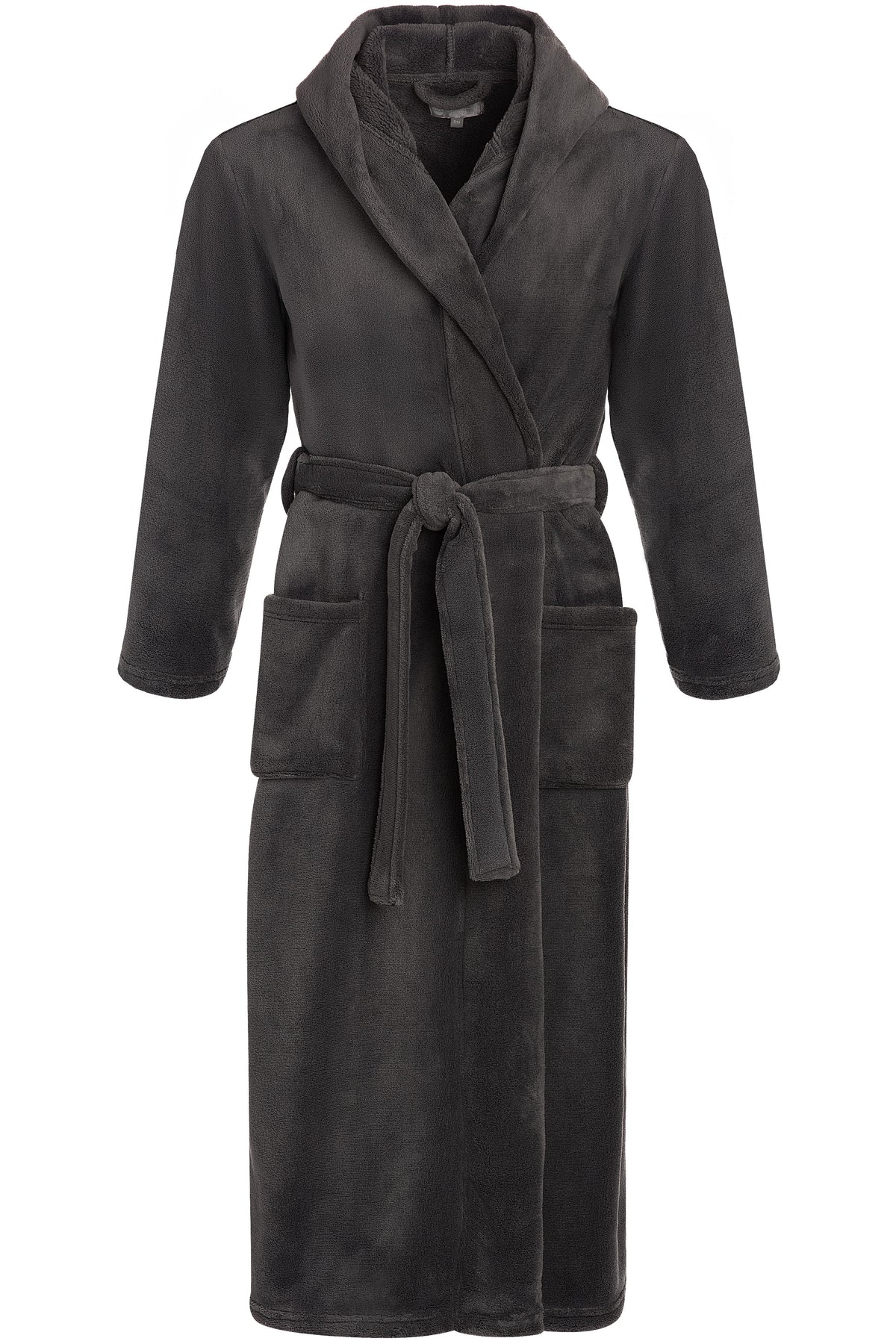 Men's Graphite Gray Plush Fleece Hooded Bathrobe, Full Length Long Warm Lounge Robe with Hood