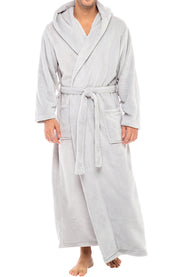 Men's Light Gray Plush Fleece Hooded Bathrobe, Full Length Long Warm Lounge Robe with Hood