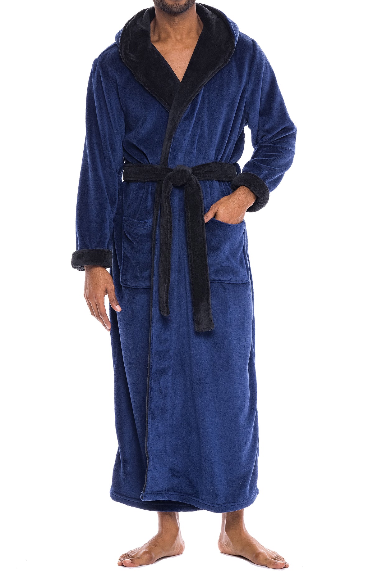 Men's Navy Blue with Black Plush Fleece Hooded Bathrobe, Full Length Long Warm Lounge Robe with Hood