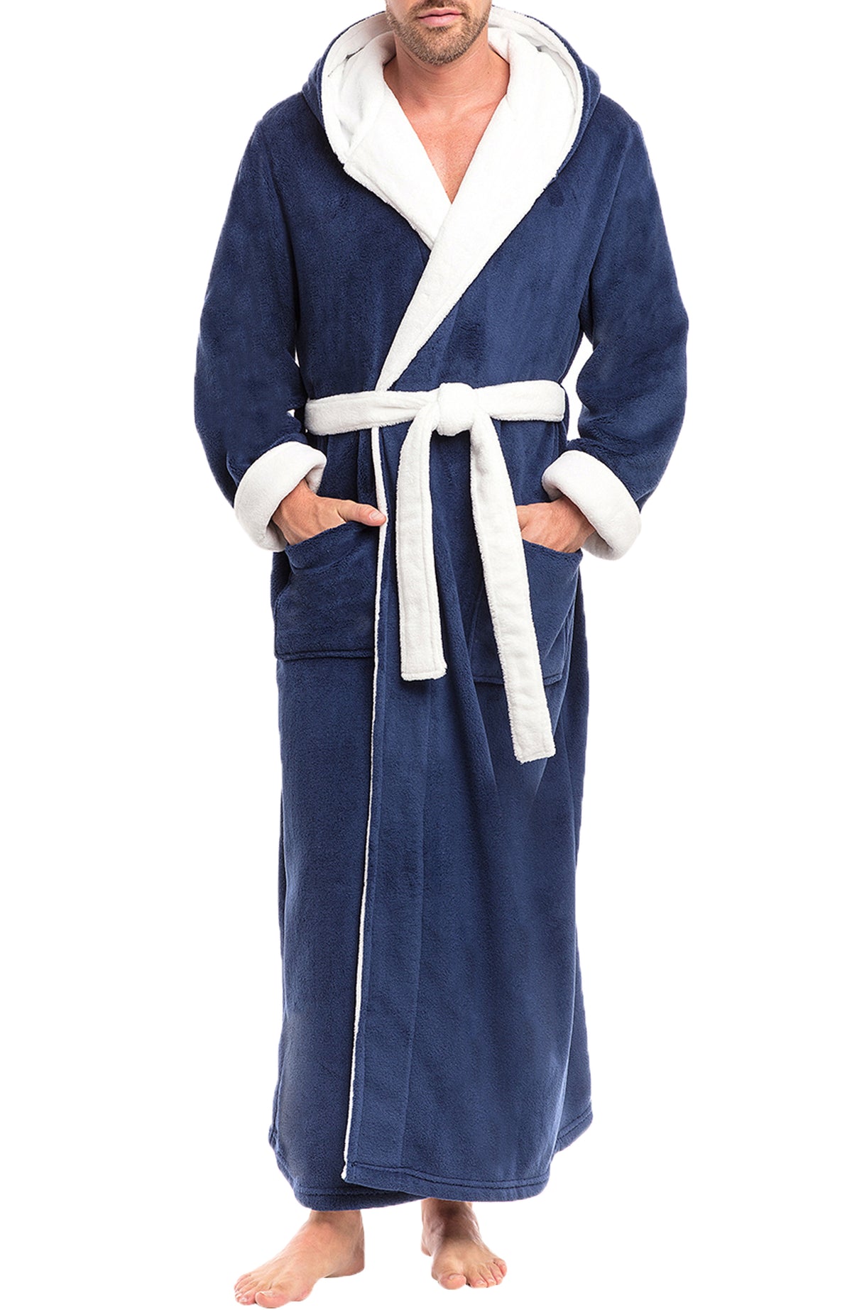 Men's Navy Blue with White Plush Fleece Hooded Bathrobe, Full Length Long Warm Lounge Robe with Hood