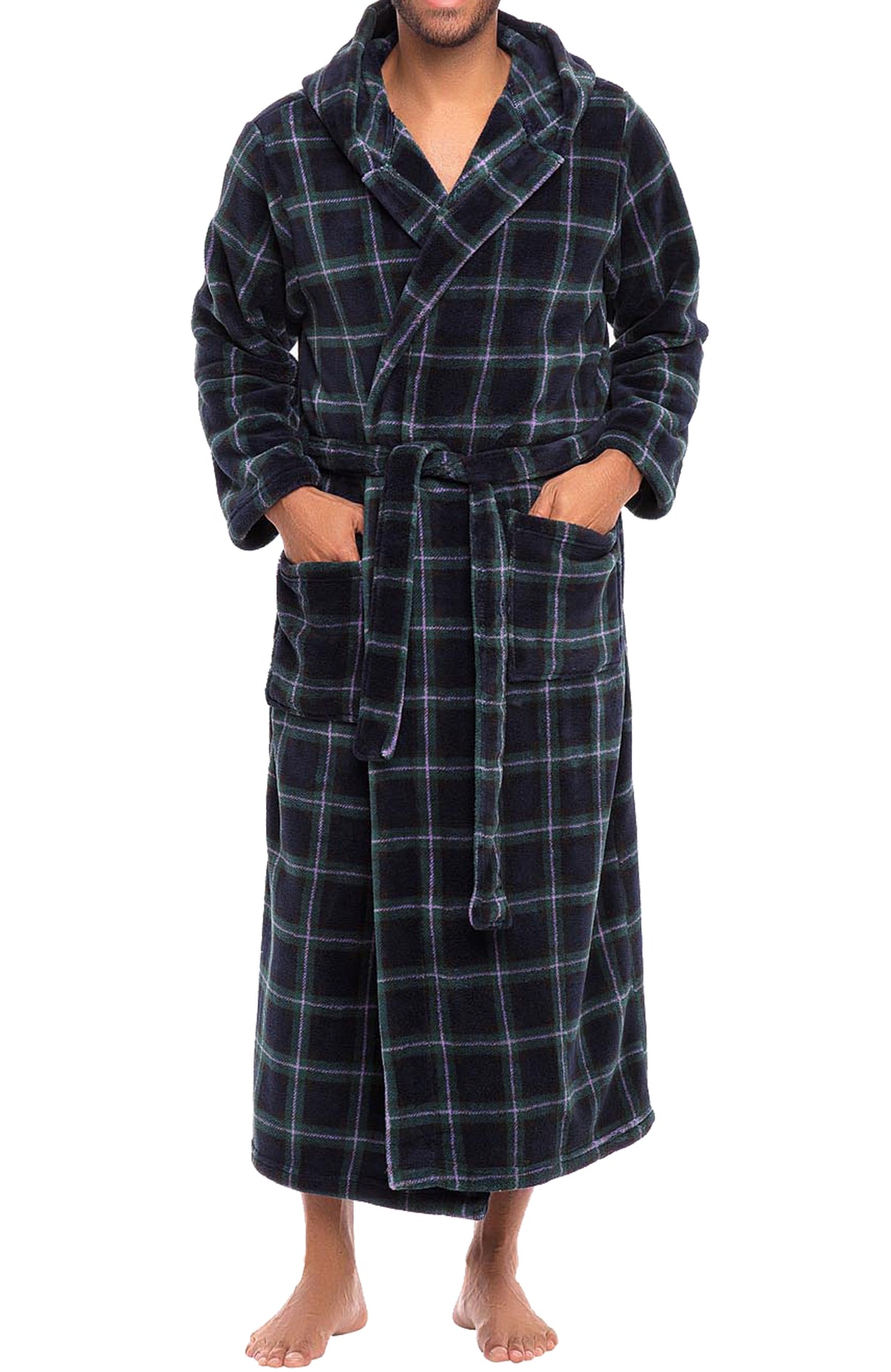 Men's Blue and Green Tartan Plaid Plush Fleece Hooded Bathrobe, Full Length Long Warm Lounge Robe with Hood