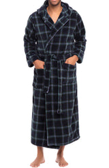 Men's Blue and Green Tartan Plaid Plush Fleece Hooded Bathrobe, Full Length Long Warm Lounge Robe with Hood