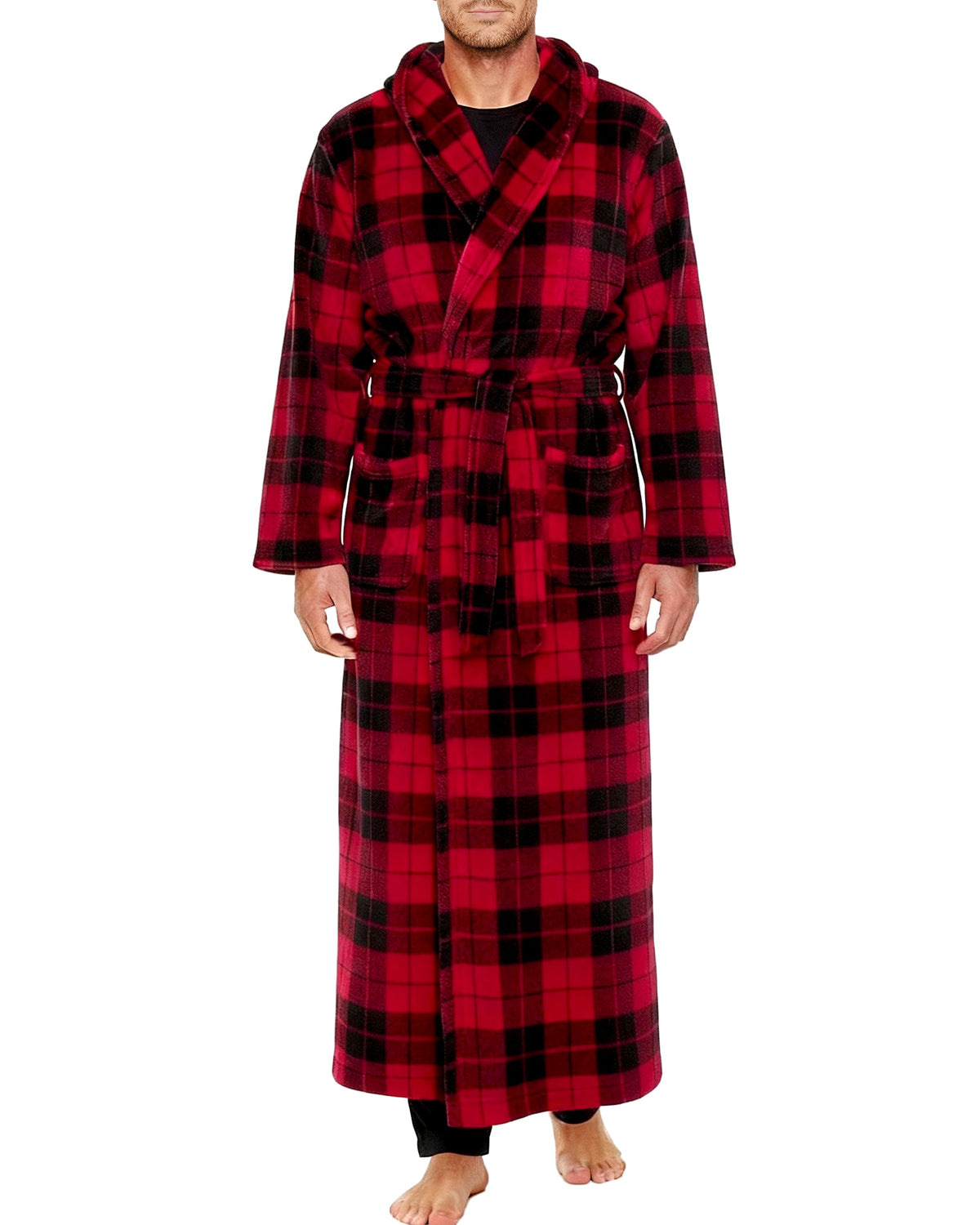 Men's Red Black Plaid Plush Fleece Hooded Bathrobe, Full Length Long Warm Lounge Robe with Hood