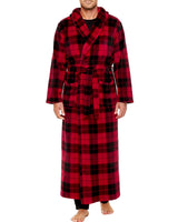 Men's Red Black Plaid Plush Fleece Hooded Bathrobe, Full Length Long Warm Lounge Robe with Hood