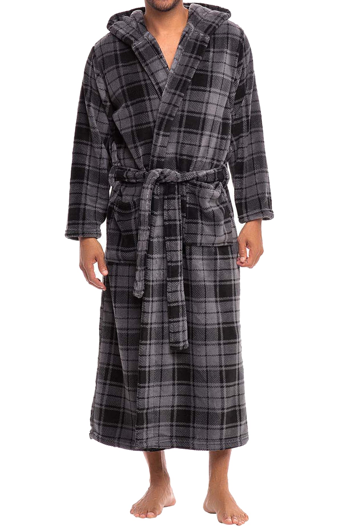 Men's Gray Plaid Plush Fleece Hooded Bathrobe, Full Length Long Warm Lounge Robe with Hood