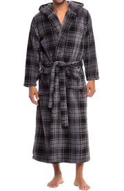 Men's Gray Plaid Plush Fleece Hooded Bathrobe, Full Length Long Warm Lounge Robe with Hood
