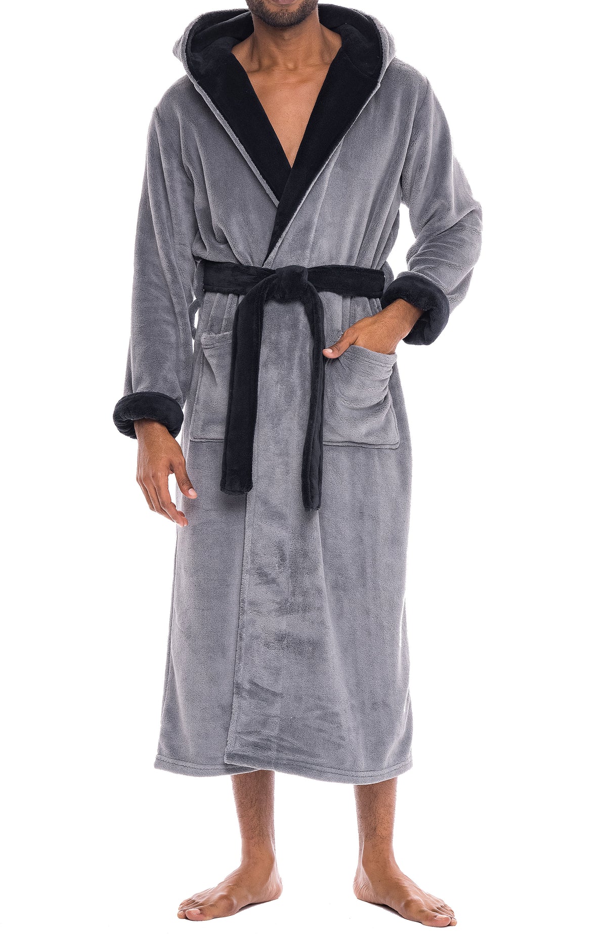 Men's Steel Gray with Black Plush Fleece Hooded Bathrobe, Full Length Long Warm Lounge Robe with Hood