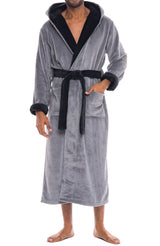 Men's Steel Gray with Black Plush Fleece Hooded Bathrobe, Full Length Long Warm Lounge Robe with Hood