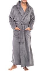 Men's Steel Gray Plush Fleece Hooded Bathrobe, Full Length Long Warm Lounge Robe with Hood