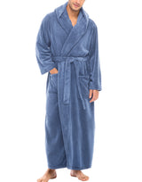 Men's Muted Navy Blue Plush Fleece Hooded Bathrobe, Full Length Long Warm Lounge Robe with Hood