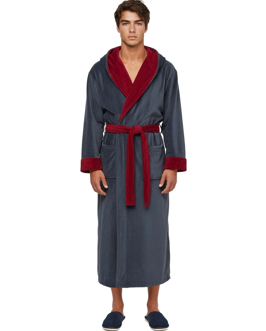 Men's Blue and Burgundy Plush Fleece Hooded Bathrobe, Full Length Long Warm Lounge Robe with Hood