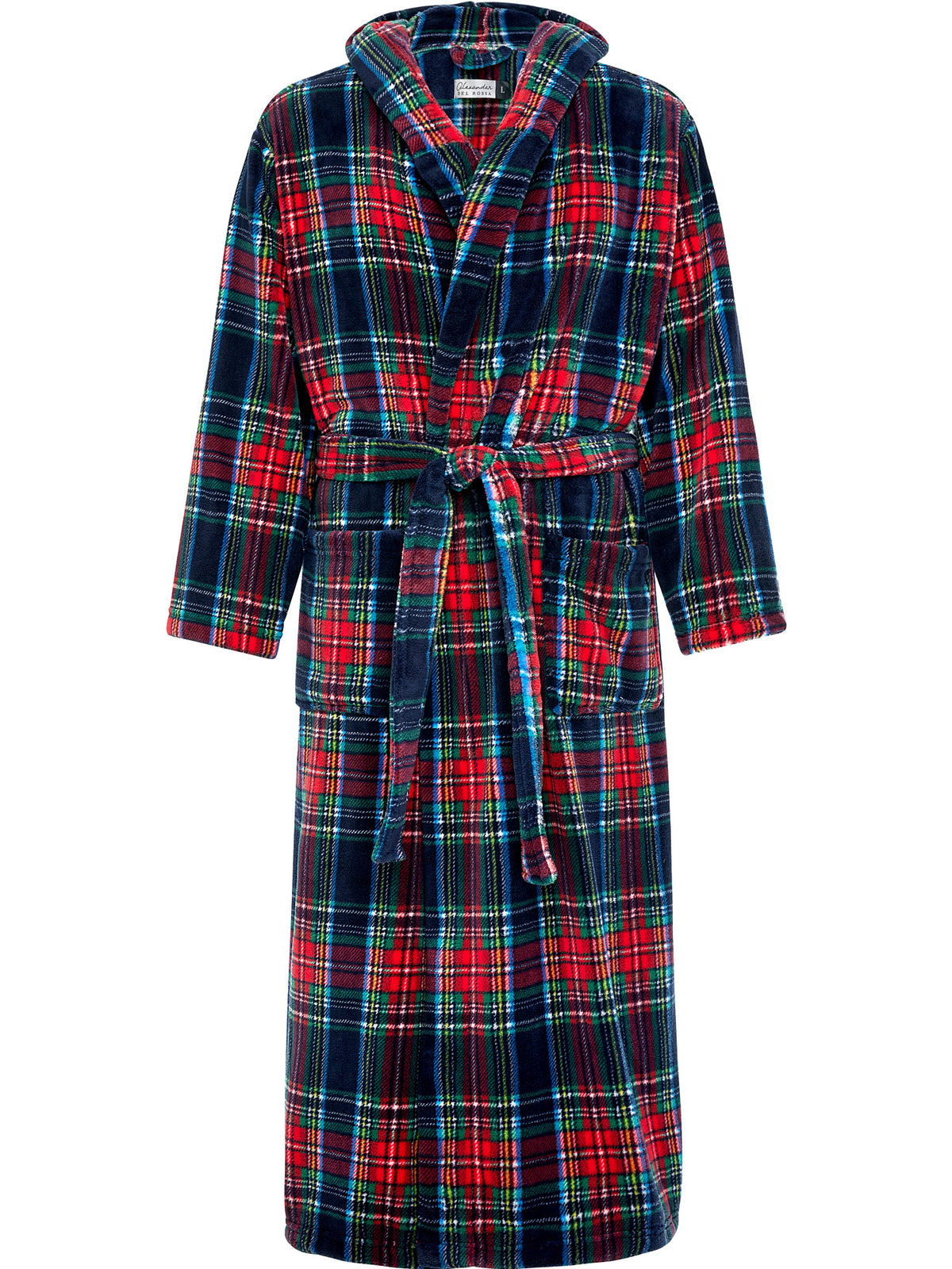 Men's Classic Tartan Plaid Blue Plush Fleece Hooded Bathrobe, Full Length Long Warm Lounge Robe with Hood