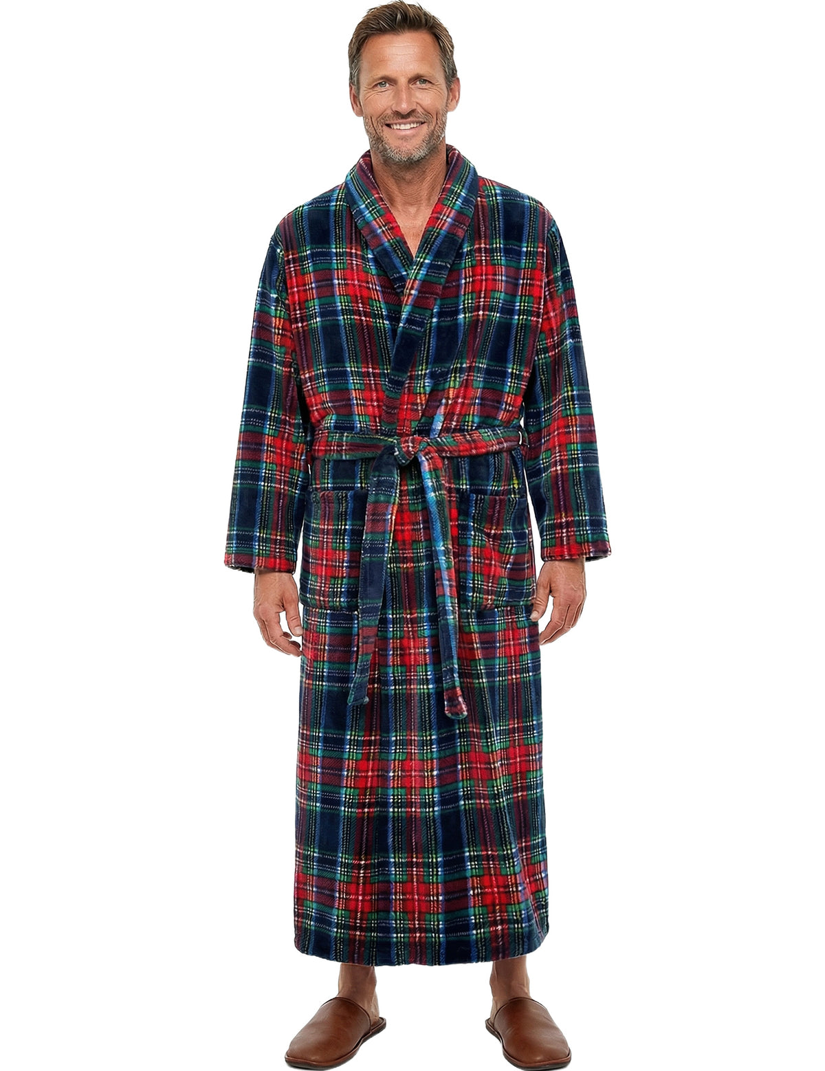 Men's Classic Tartan Plaid Blue Plush Fleece Hooded Bathrobe, Full Length Long Warm Lounge Robe with Hood