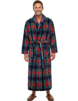 Men's Classic Tartan Plaid Blue Plush Fleece Hooded Bathrobe, Full Length Long Warm Lounge Robe with Hood