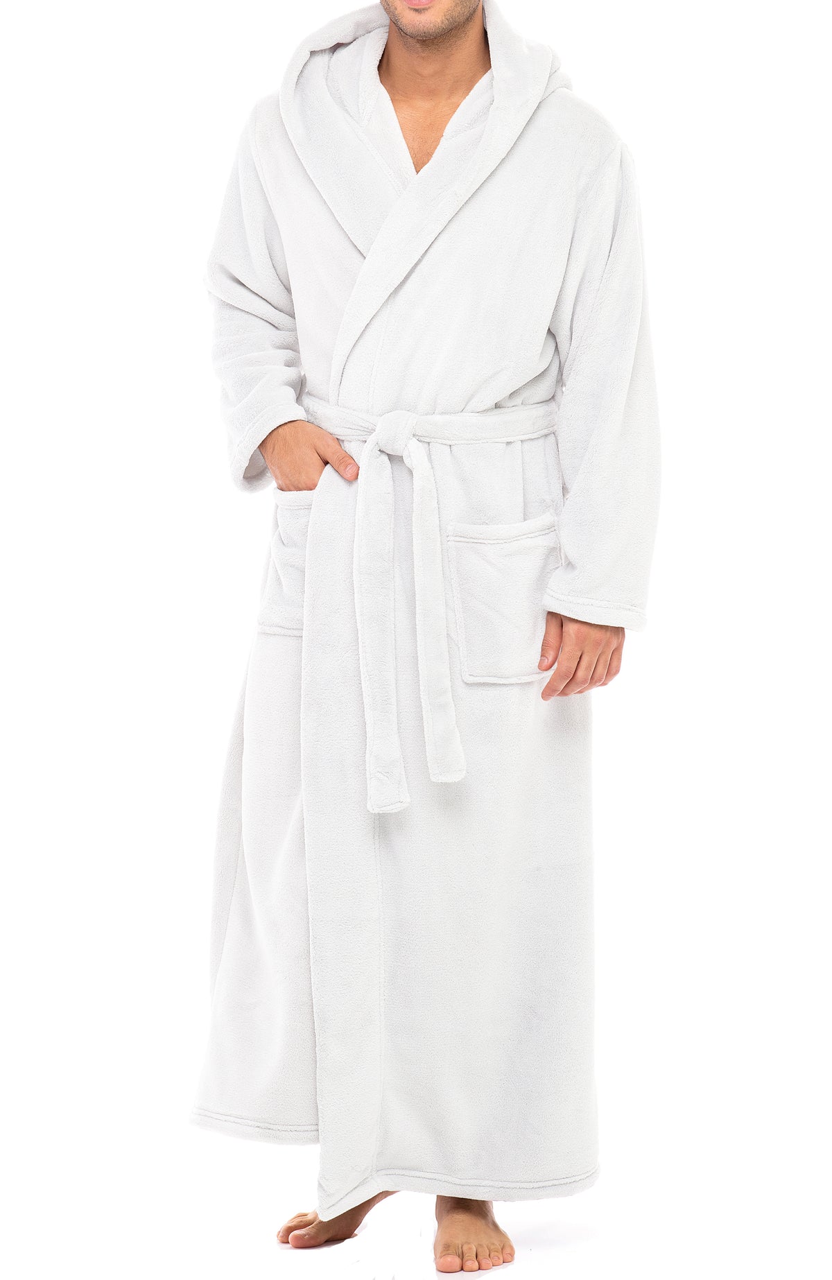 Men's White Plush Fleece Hooded Bathrobe, Full Length Long Warm Lounge Robe with Hood