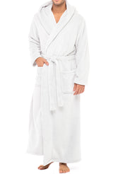 Men's White Plush Fleece Hooded Bathrobe, Full Length Long Warm Lounge Robe with Hood