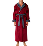 Men's Burgundy and Blue Plush Fleece Hooded Bathrobe, Full Length Long Warm Lounge Robe with Hood