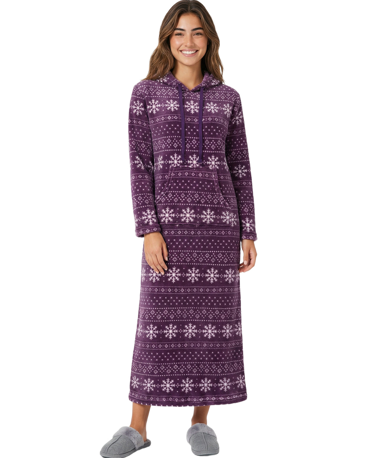 Women's Snowflake Fair Isle Purple Plush Sweatshirt Robe with Pockets, Long Hooded Fleece Duster Kaftan