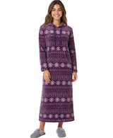 Women's Snowflake Fair Isle Purple Plush Sweatshirt Robe with Pockets, Long Hooded Fleece Duster Kaftan