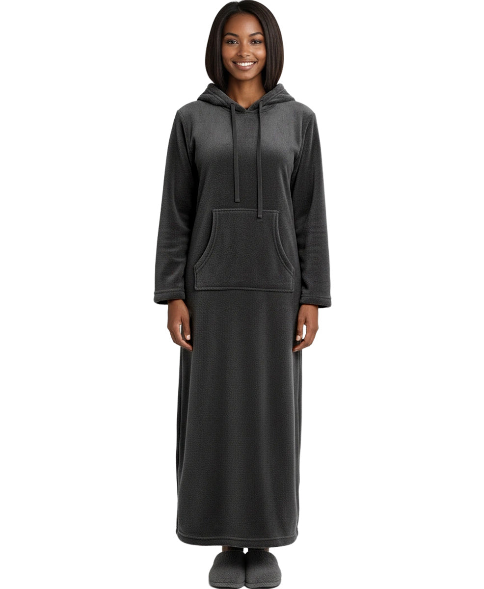 Women's Graphite Gray Plush Sweatshirt Robe with Pockets, Long Hooded Fleece Duster Kaftan