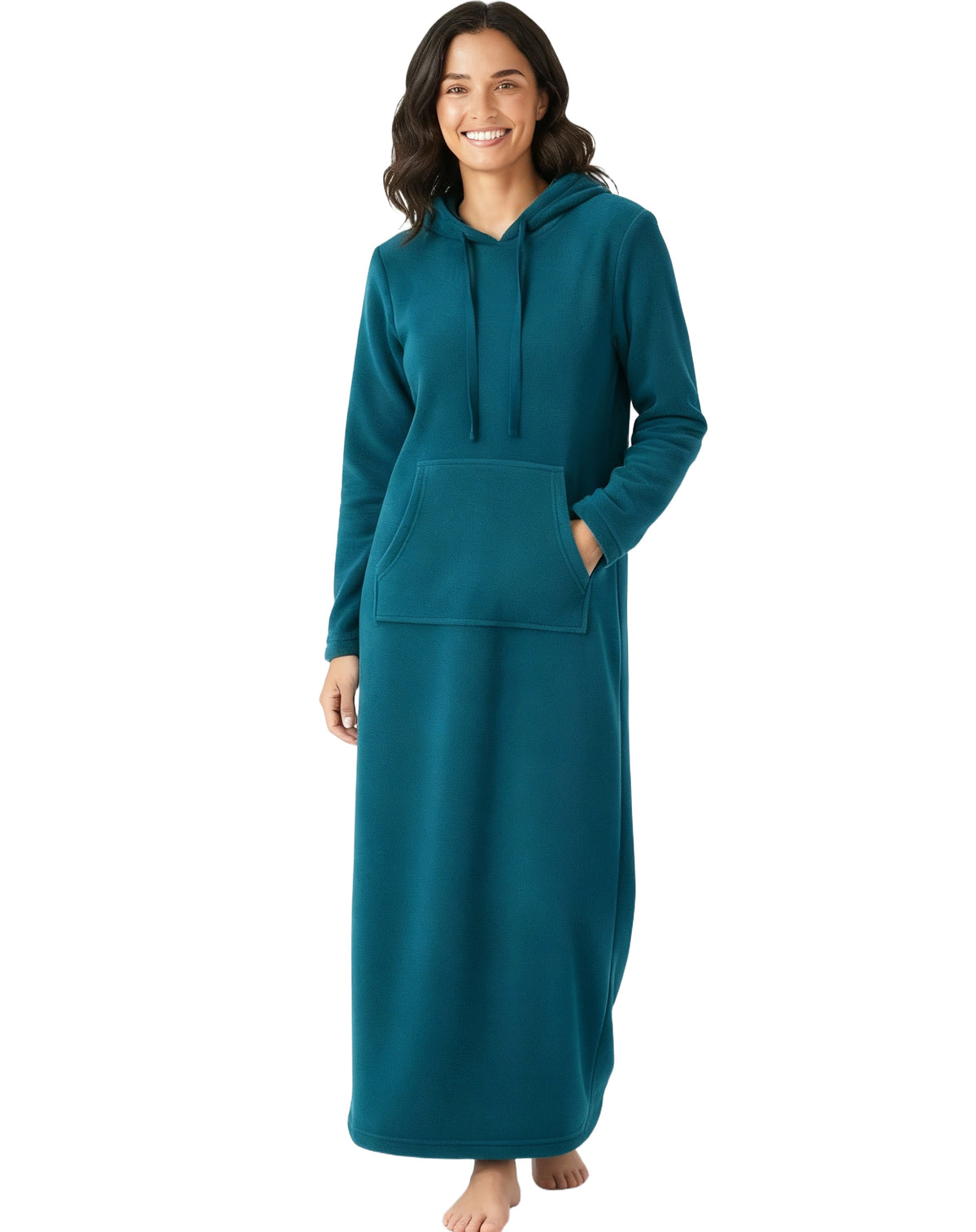 Women's Turquoise Plush Sweatshirt Robe with Pockets, Long Hooded Fleece Duster Kaftan