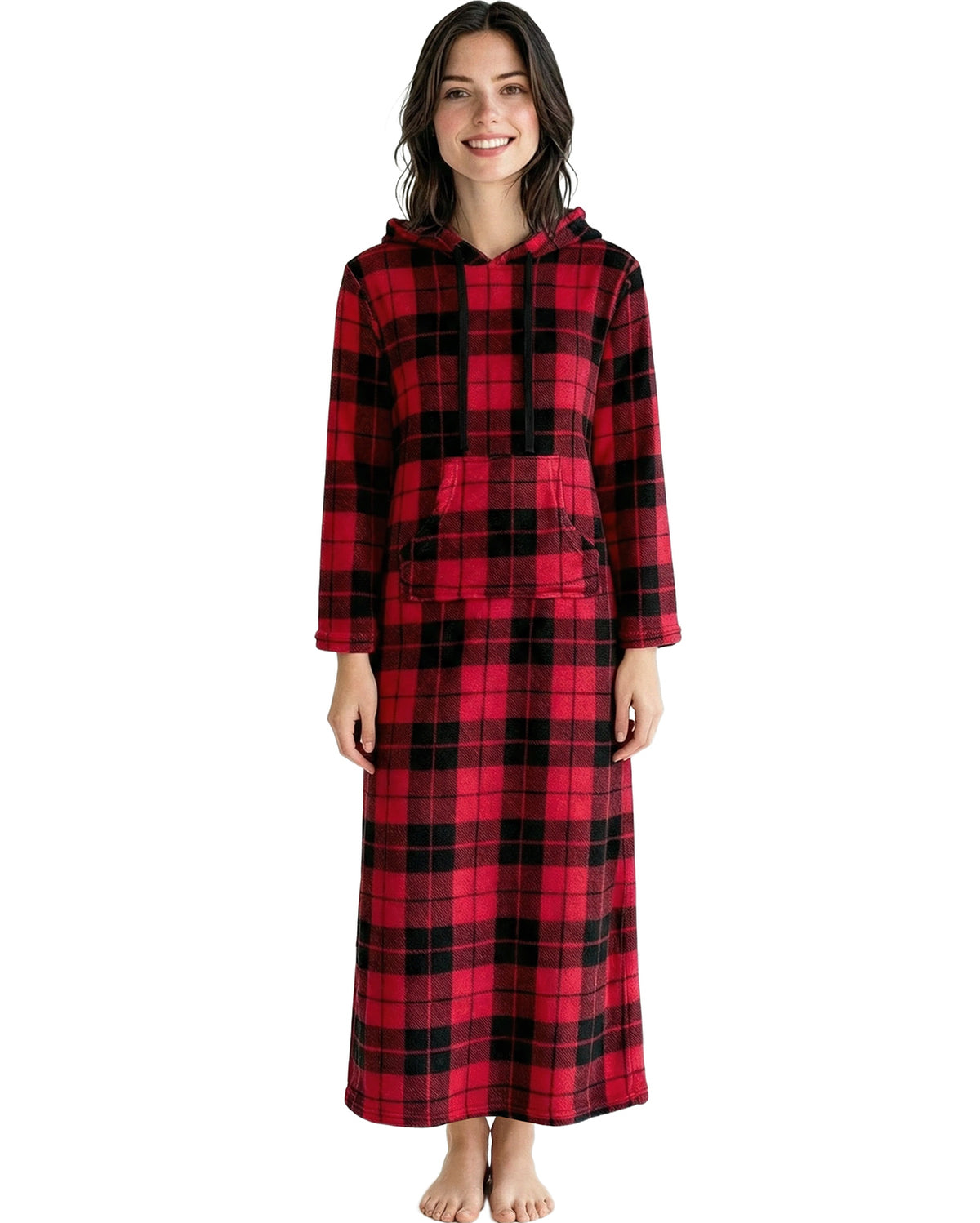 Women's Red Black Plaid Plush Sweatshirt Robe with Pockets, Long Hooded Fleece Duster Kaftan