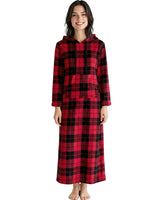 Women's Red Black Plaid Plush Sweatshirt Robe with Pockets, Long Hooded Fleece Duster Kaftan