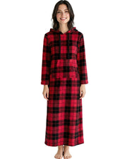 Women's Red Black Plaid Plush Sweatshirt Robe with Pockets, Long Hooded Fleece Duster Kaftan