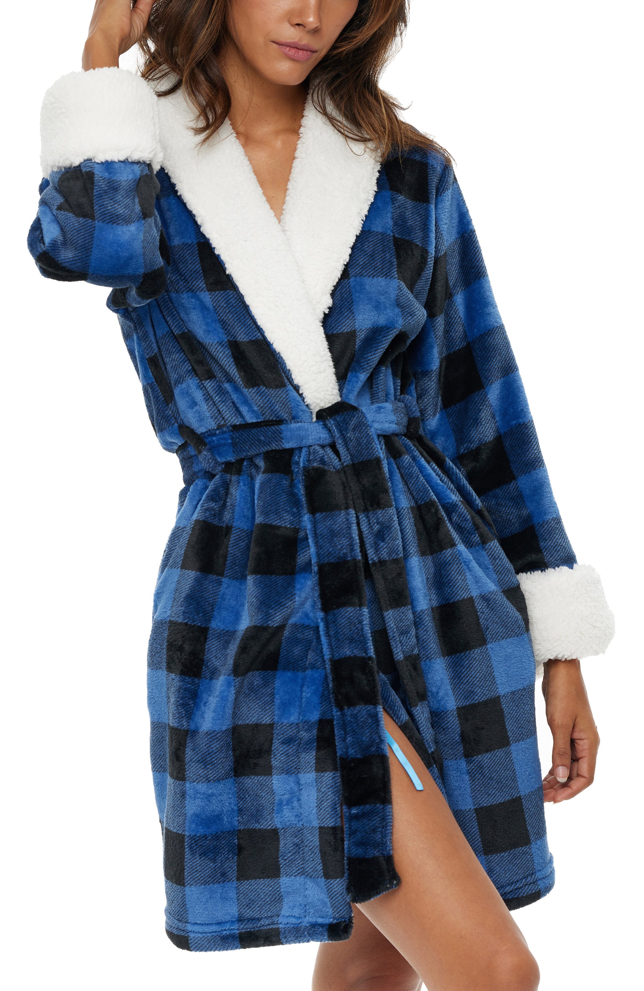 short fleece dressing gown Aherbiu Womens Fleece Short Bathrobes Plus Size Hooded Winter Cozy Bath Robe with Pockets Solid Color