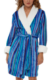Women's The Blues Striped Classic Plush Robe, Short Fleece Bathrobe Solids